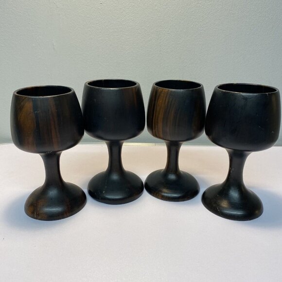 Unbranded Other - Vintage Set of 4 Dark Wooden Stemmed Wine Goblets Hand turned Mid-Century Modern